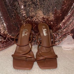 Brown square toe strappy stiletto
